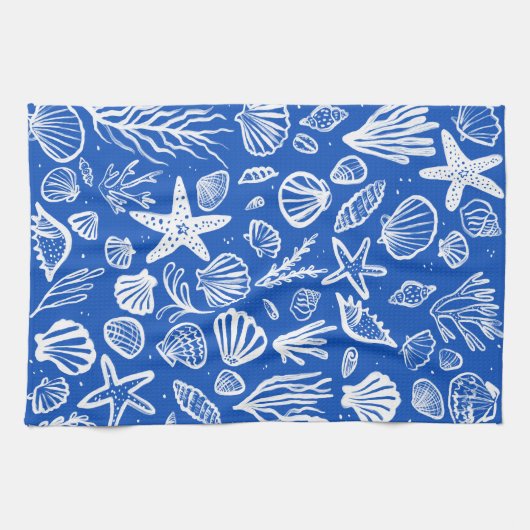Schelpen Blauw & Wit Patroon Strand Schelpen Chic Theedoek (Horizontaal)