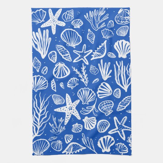 Schelpen Blauw & Wit Patroon Strand Schelpen Chic Theedoek (Verticaal)