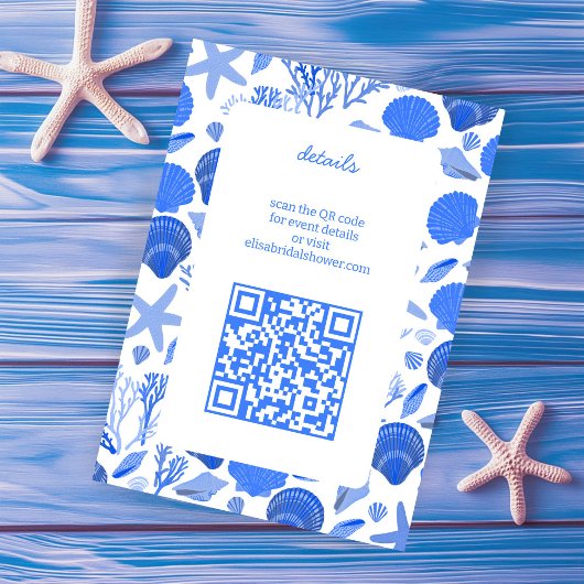 Schelpen Bruidsdouche Chic Blauwe Strand AANGEPAST Informatiekaartje