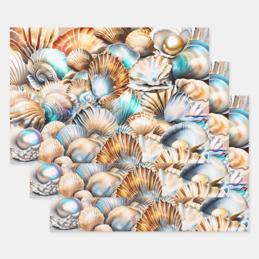 Schelpen collage iriserende shimmer strandpatroon inpakpapier vel (Set)