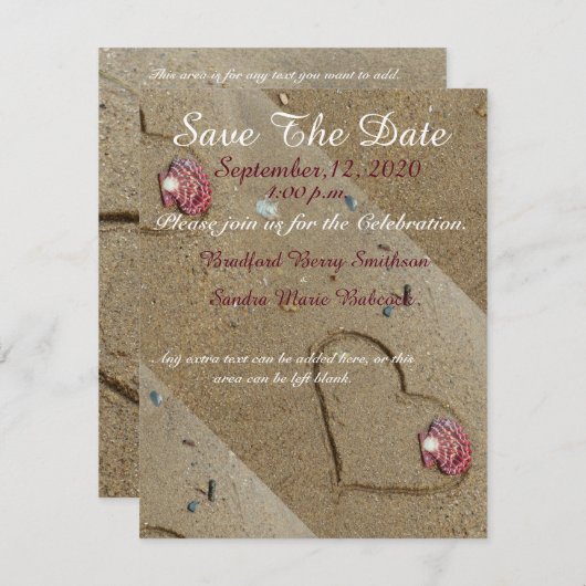 Schelpen en Hart in het zand Save the Date nodig (Voorkant / Achterkant)