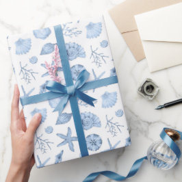 Schelpen Inpakpapier, Blauwe Zeekust Cadeauverpakk Cadeaupapier