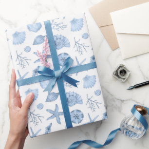 Schelpen Inpakpapier, Blauwe Zeekust Cadeauverpakk Cadeaupapier