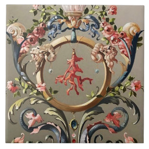 SCHELPEN, KORALEN, DOLFIJNEN, ANTIEK BLOEMDRAAIERS TEGELTJE