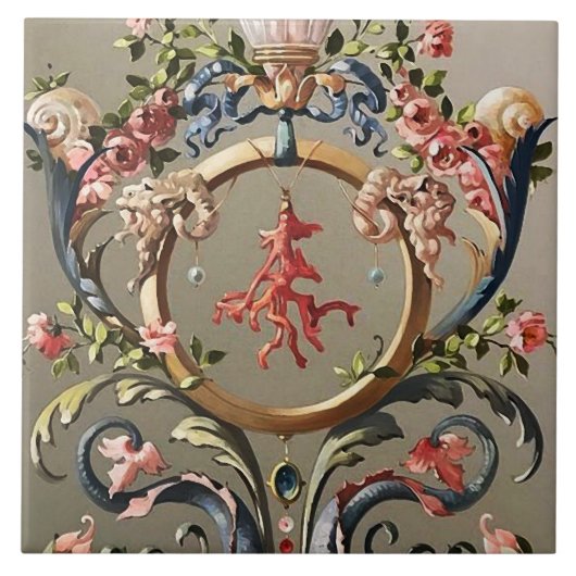 SCHELPEN, KORALEN, DOLFIJNEN, ANTIEK BLOEMDRAAIERS TEGELTJE (Voorkant)