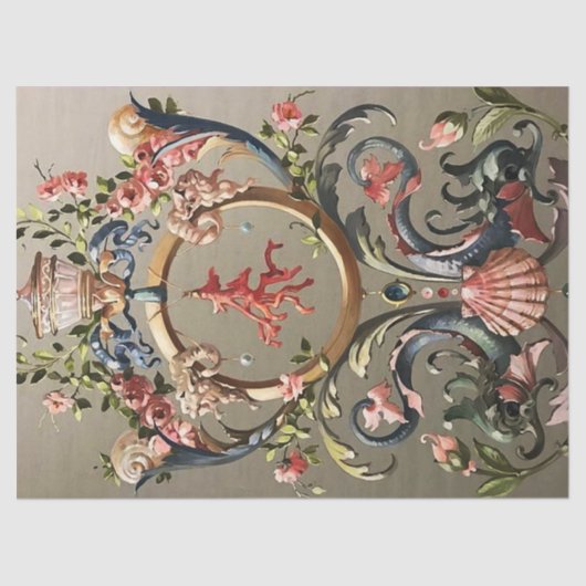 SCHELPEN, KORALEN, DOLFIJNEN, ANTIEK BLOEMDRAAIERS TISSUEPAPIER (Voorkant)