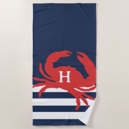 Schelpen Navy Blauwe Strepen Rode Krab Monogram Strandlaken
