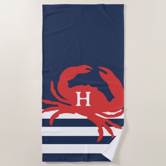 Schelpen Navy Blauwe Strepen Rode Krab Monogram Strandlaken (Voorkant)