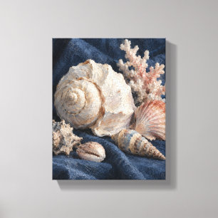 Schelpen op Indigo Linnen Kust Stilleven Canvas P Afdruk