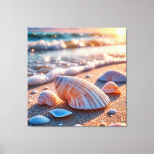 Schelpen op zand met glinsterende oceaan golven canvas afdruk