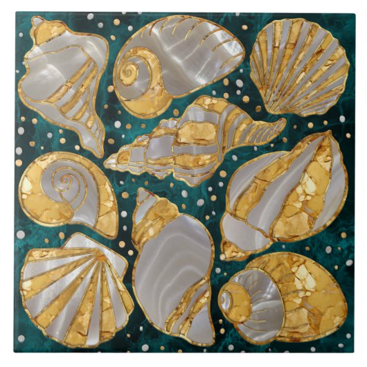 Schelpen patroon - aquamarmer, parel en goud tegeltje (Voorkant)