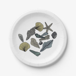 Schelpen van diverse soorten en kleuren papieren bordje