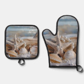  schelpen Witte parels Driftwood Ovenwant & Pannenlap Set (Voorkant)