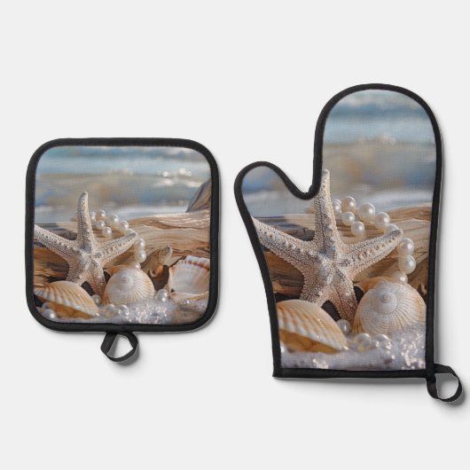  schelpen Witte parels Driftwood Ovenwant & Pannenlap Set (Voorkant)