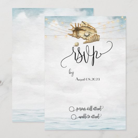 Schelpen, Zee, Lichtslingers Script RSVP Kaart (Voorkant / Achterkant)