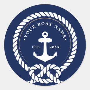 Schelpenanker & Touw Bootnaam Navyblauw & Wit Ronde Sticker
