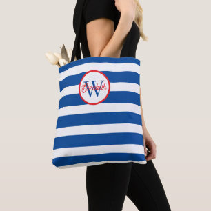 Schelpenblauw en Witte Strepen Monogram Tote Bag