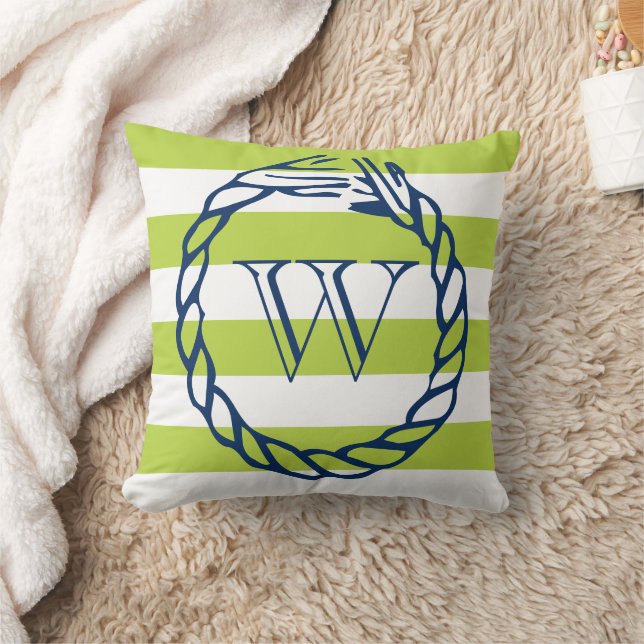 Schelpgroene streep marineblauwe touw monogram kussen (Deken)