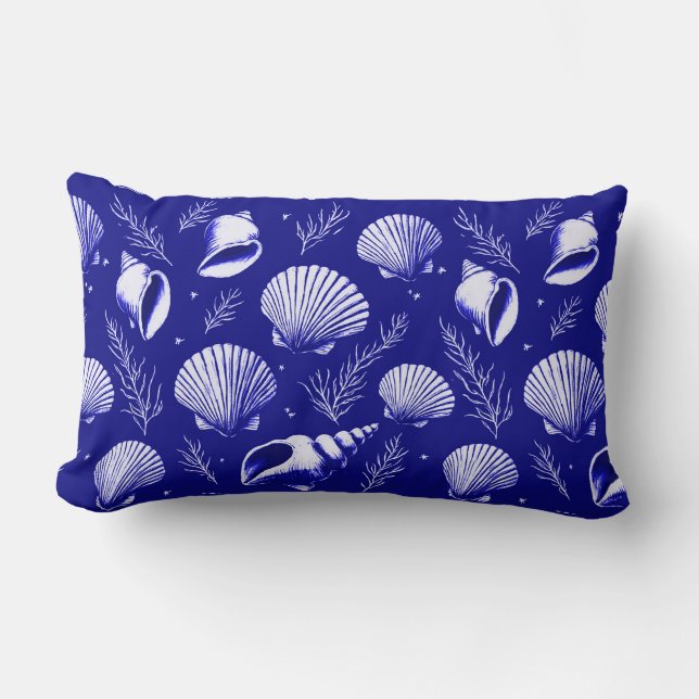 Schelpjes en zeewier in marineblauw en wit kussen (Voorkant)