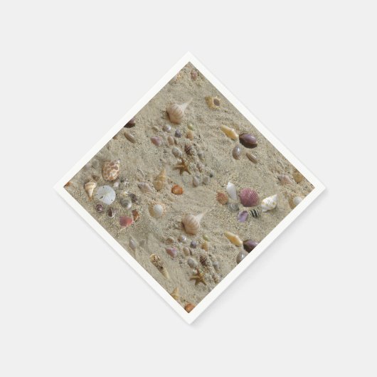 Schelpjes genesteld in het zand op het strand servet (Hoek)