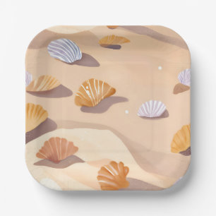Schelpjes in het Zand   Strand Oceaan Aquarel Papieren Bordje