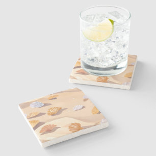 Schelpjes in het Zand   Strand Oceaan Aquarel Stenen Onderzetter