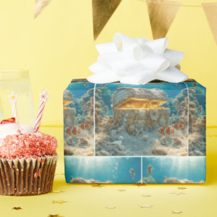 Schelpschatkist onder water met munten cadeaupapier