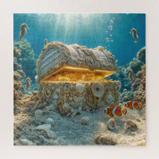 Schelpschatkist onder water met munten legpuzzel (Verticaal)