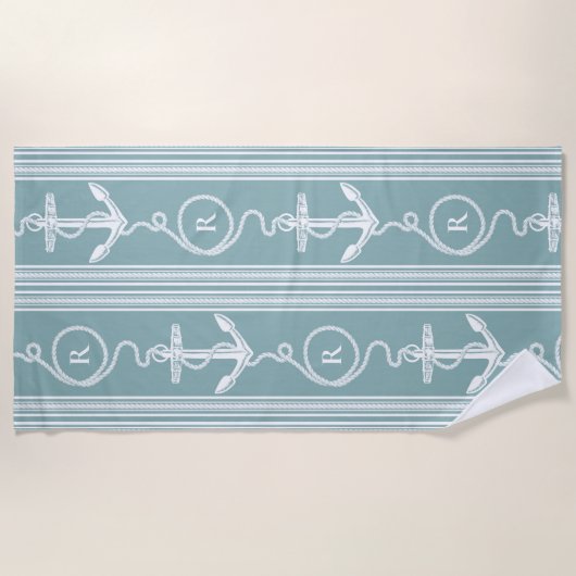 Schelptouw met monogram Stof Blauw Strandlaken (Voorkant)