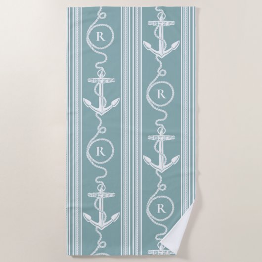 Schelptouw met monogram Stof Blauw Strandlaken (Voorkant)