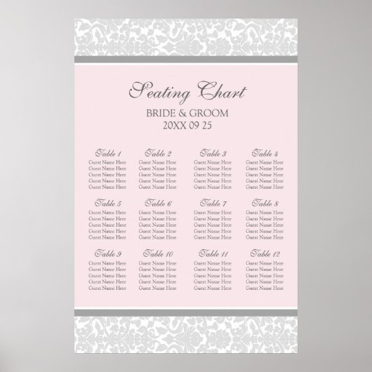 Schema 12 tabellen Roze grijze Damask Poster (Voorkant)