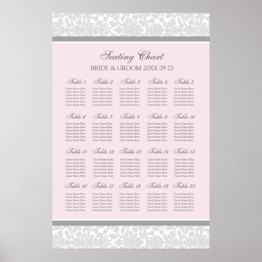 Schema 20 tabellen 120 Guest Pink Grey Damask Poster (Voorkant)