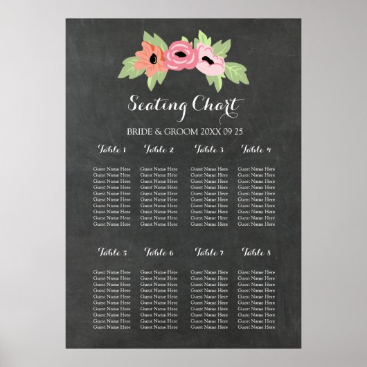 Schema 8 Tabellen Chalkboard Roze Floral Poster (Voorkant)