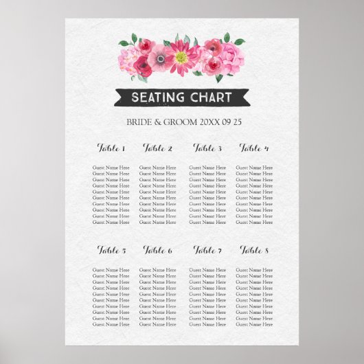 Schema 8 Tabellen Chalkboard Roze Waterverf Poster (Voorkant)