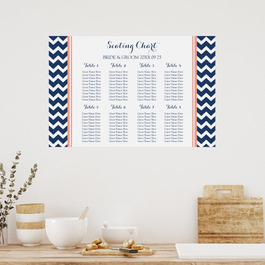 Schema 8 Tabellen Coral Blue Chevron Poster (Keuken)