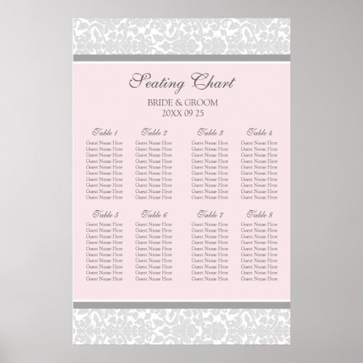 Schema 8 Tabellen Roze grijze Damask Poster (Voorkant)