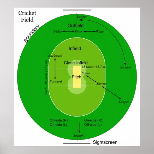 Schema van een grijs ovaal vormig cricketveld poster (Voorkant)
