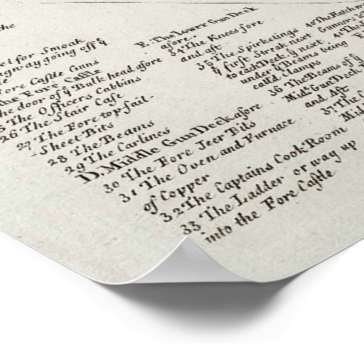 Schema van een oorlogsschip van 1728 Cyclopaedia Poster (Hoek)