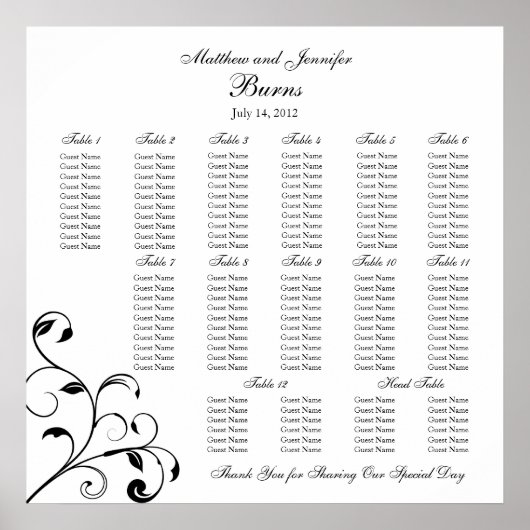 Schema voor de receptie van zwarte en witte bruilo poster (Voorkant)