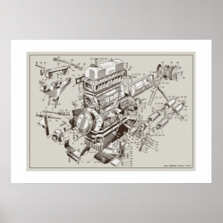 Schematisch Poster van de motor MG "TF" - Off-Whit
