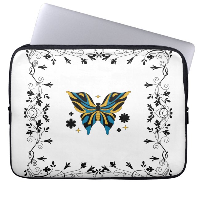 Schemerende Vlinder – Bloemige Contrast Harmonie Laptop Sleeve (Voorkant)