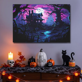 Schemerig pad naar spookachtig Halloween-landhuis Canvas Afdruk