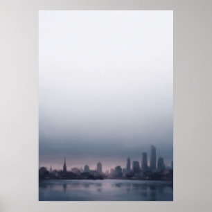 Schemerige Blauwe Waterfront Stads Silhouet Poster