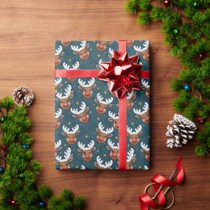 Schemerige Knipogende Rendiergezicht Teal Patroon Cadeaupapier