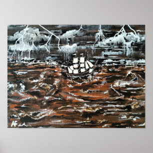 Schepen in een storm schilderij van Alfred Fox Poster