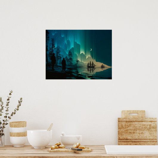 Schepen onder de maansikkel en het noorderlicht poster (Keuken)