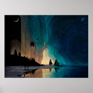 Schepen onder de maansikkel en het noorderlicht poster