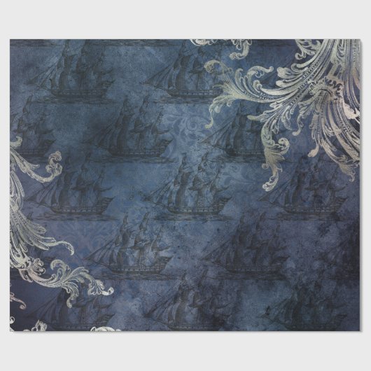 schepen op blauw cadeaupapier (Vlak)