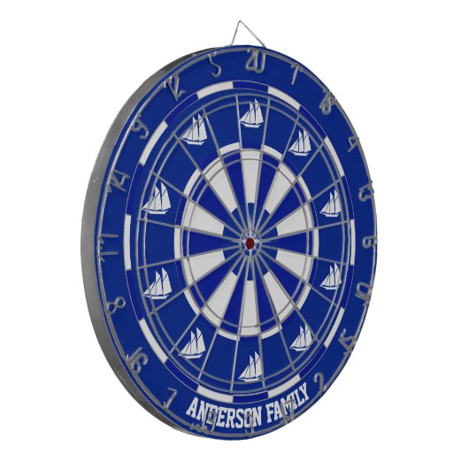 Schepen op marineblauw en wit dartbord (Voorkant Links)