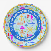 Schepen, vissen, Piraten. Kleurrijk Nautisch Patro Papieren Bordje (Voorkant)